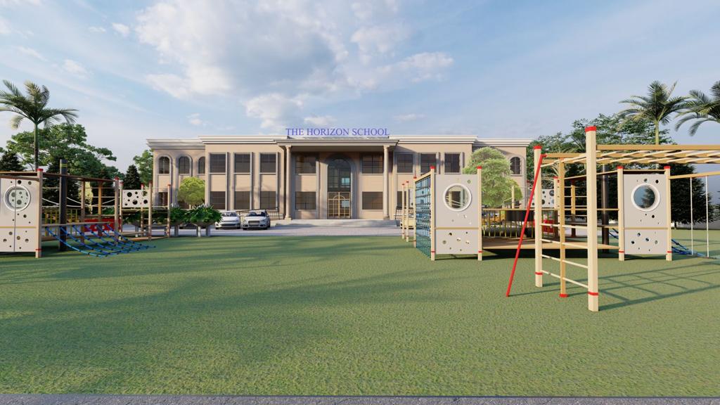 Architectural rendering of The Horizon School campus and play area